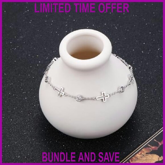 Sterling Silver Adjustable Cross Bracelet with Zirconia Stones - Picture 4 of 8